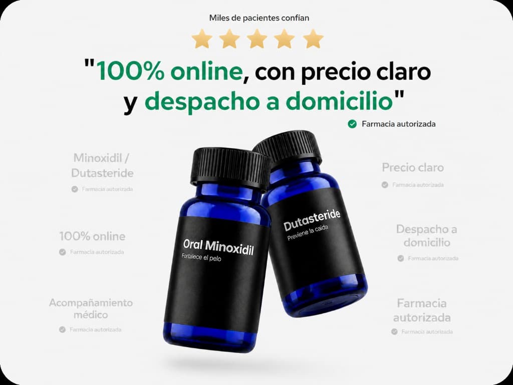 100% online, precio claro, despacho a domicilio, farmacia autorizada — minoxidil y dutasteride bajo indicación médica
